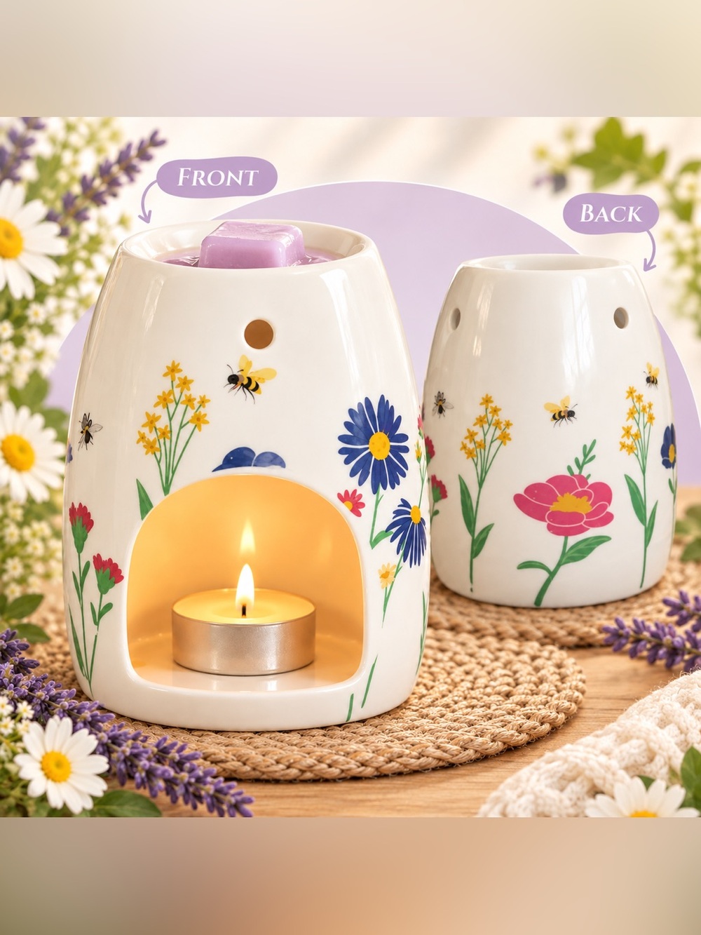 Floral Ceramic Wax Melt Tea Light Warmer with Bee Motif - White